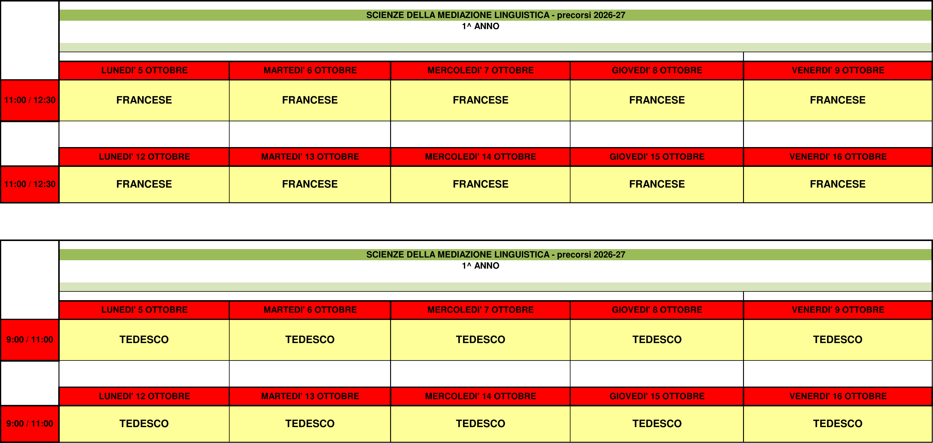 Calendari dei precorsi di francese e tedesco, ottobre 2026